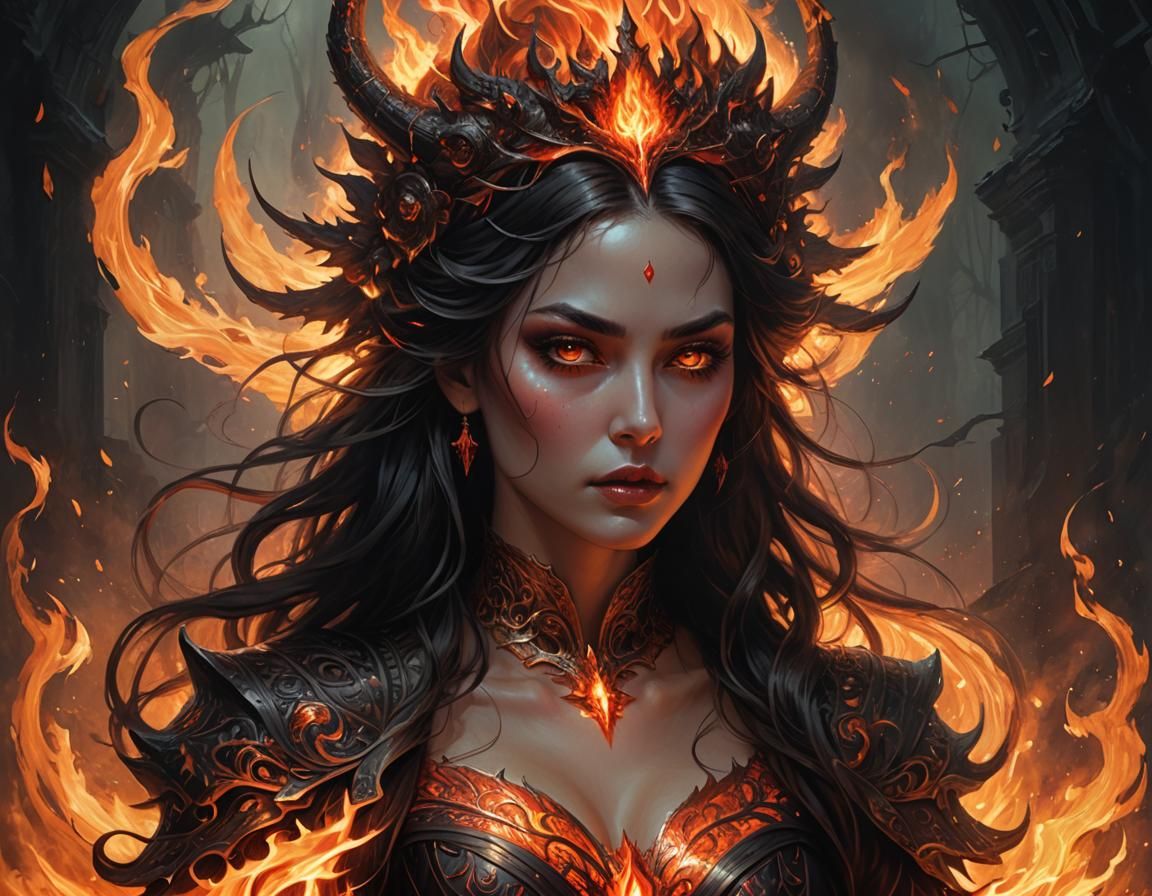 Demonic Maiden Wreathed in Fire, Illustrative Art
