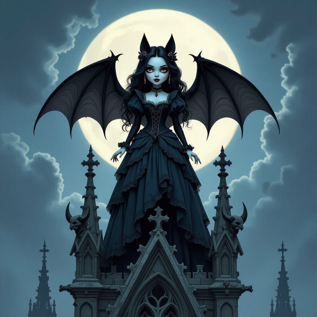 Gothic Doll Fusion with Bat Wings on Cathedral Spire