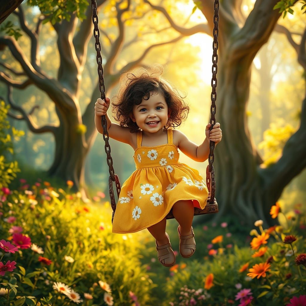 Little Girl Soars in Whimsical Forest Wonderland