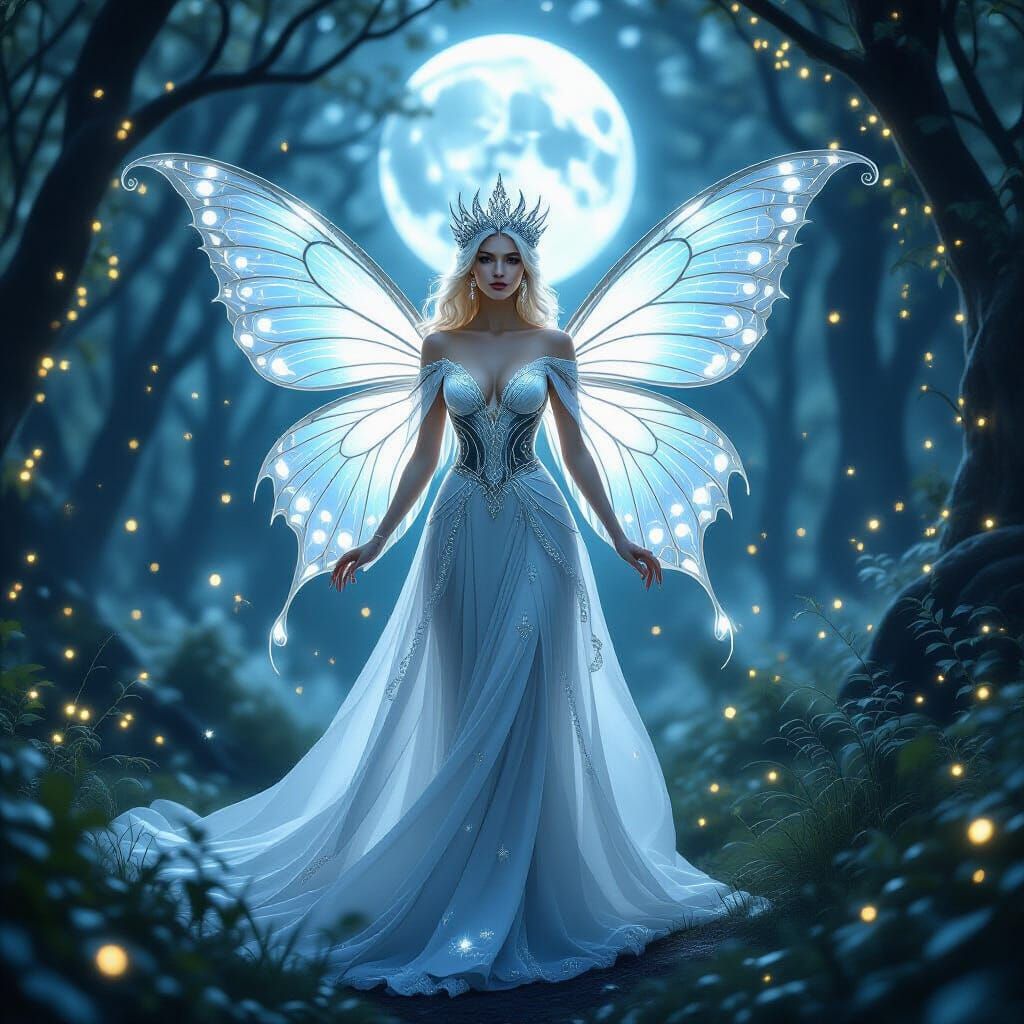 Elven Queen with Butterfly Wings in Moonlit Silver Forest