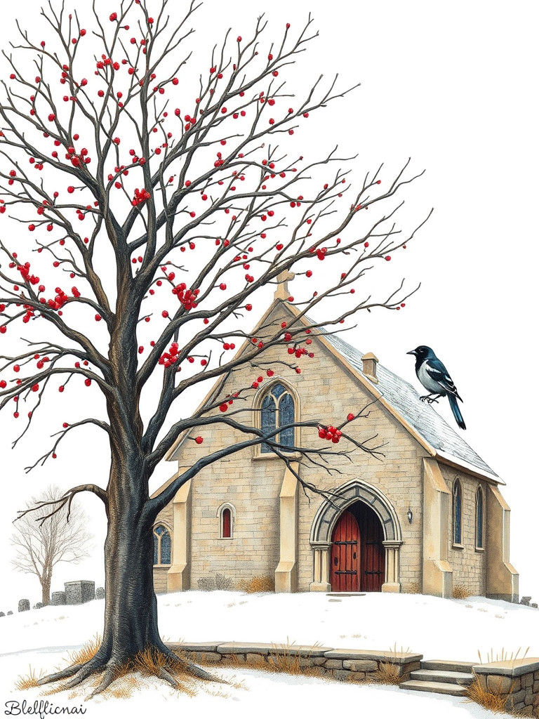 Magpie in Winter Scene Inspired by Potter and Rackham