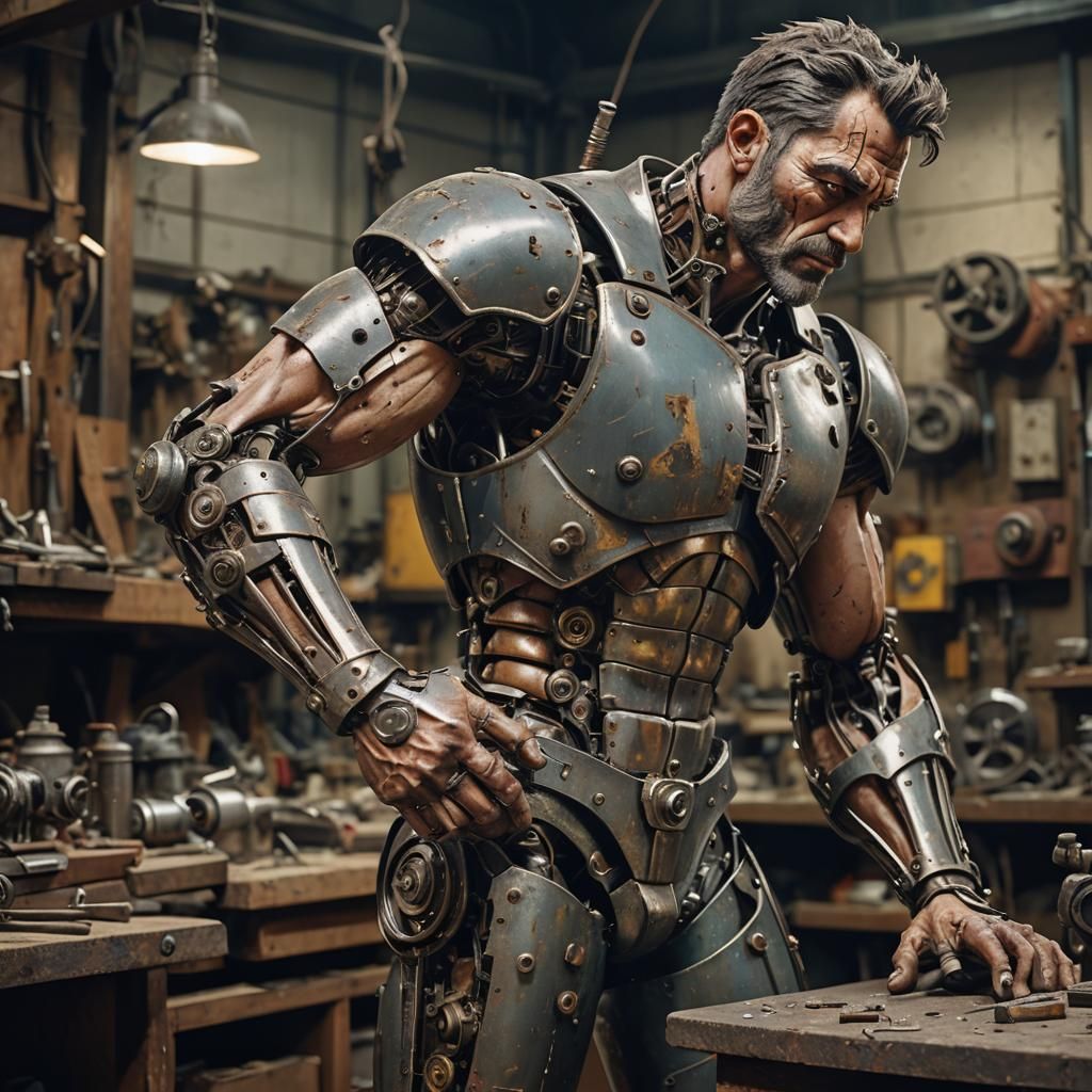 Ragged Automaton Repairs Himself in Metal Workshop