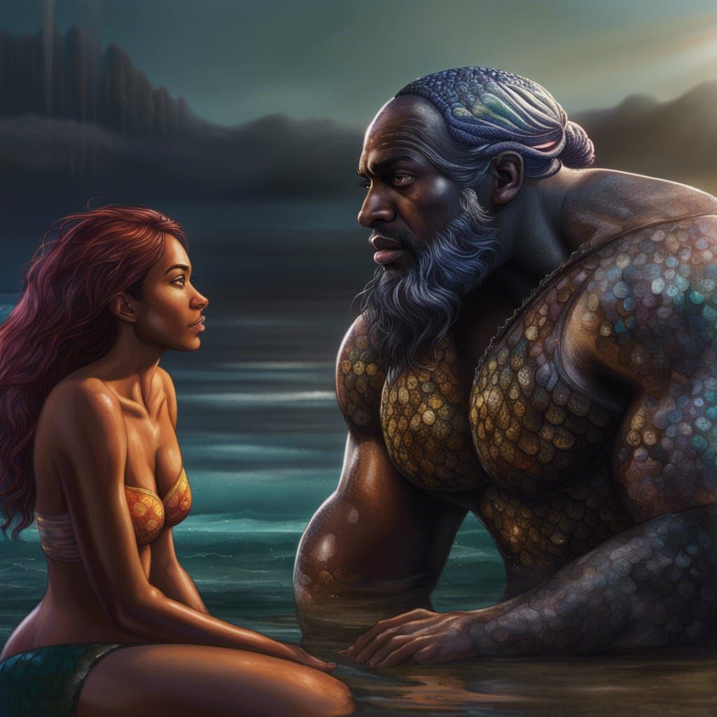 Hyperrealistic Merman Conversation on the Shore