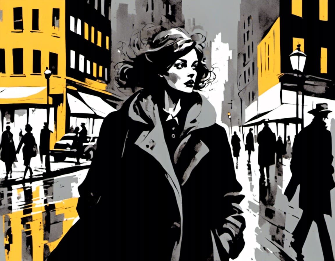 Noir Cityscape: Woman in Graphic Novel Style
