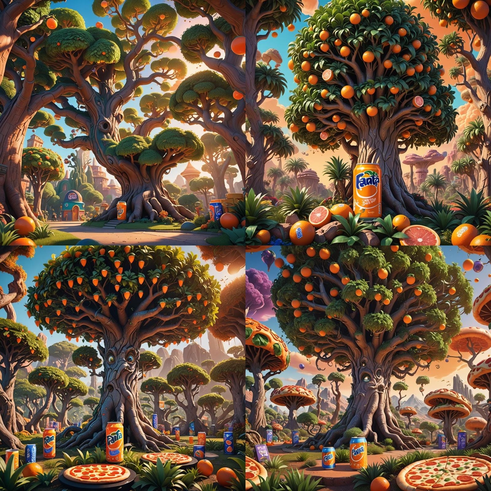 Giant Fanta with Pizza Trees, 3D Digital Art