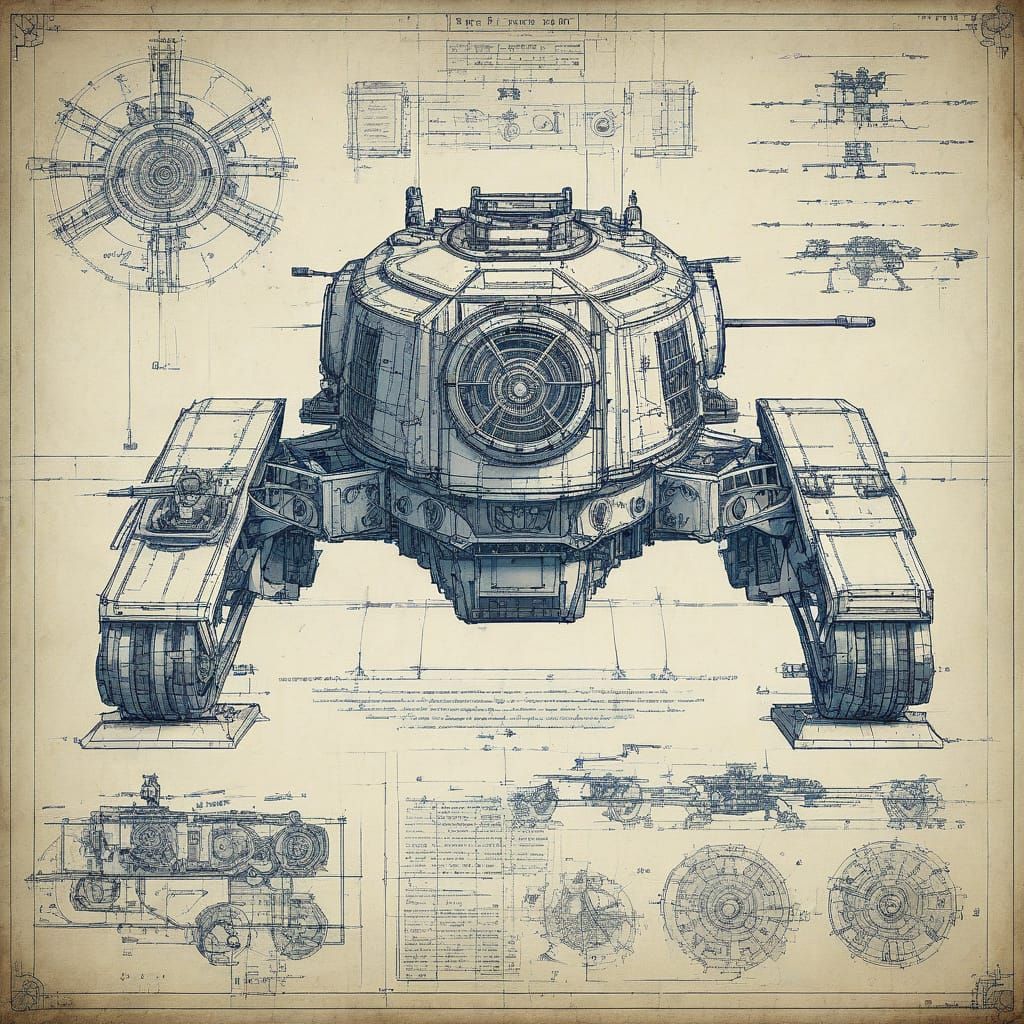 Cybernetic Tank Blueprint in Da Vinci Style