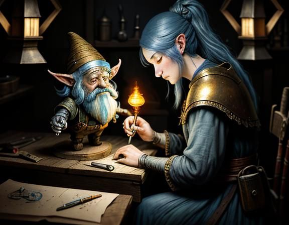Gnome Repairs Automaton: Dark Fantasy Illustration