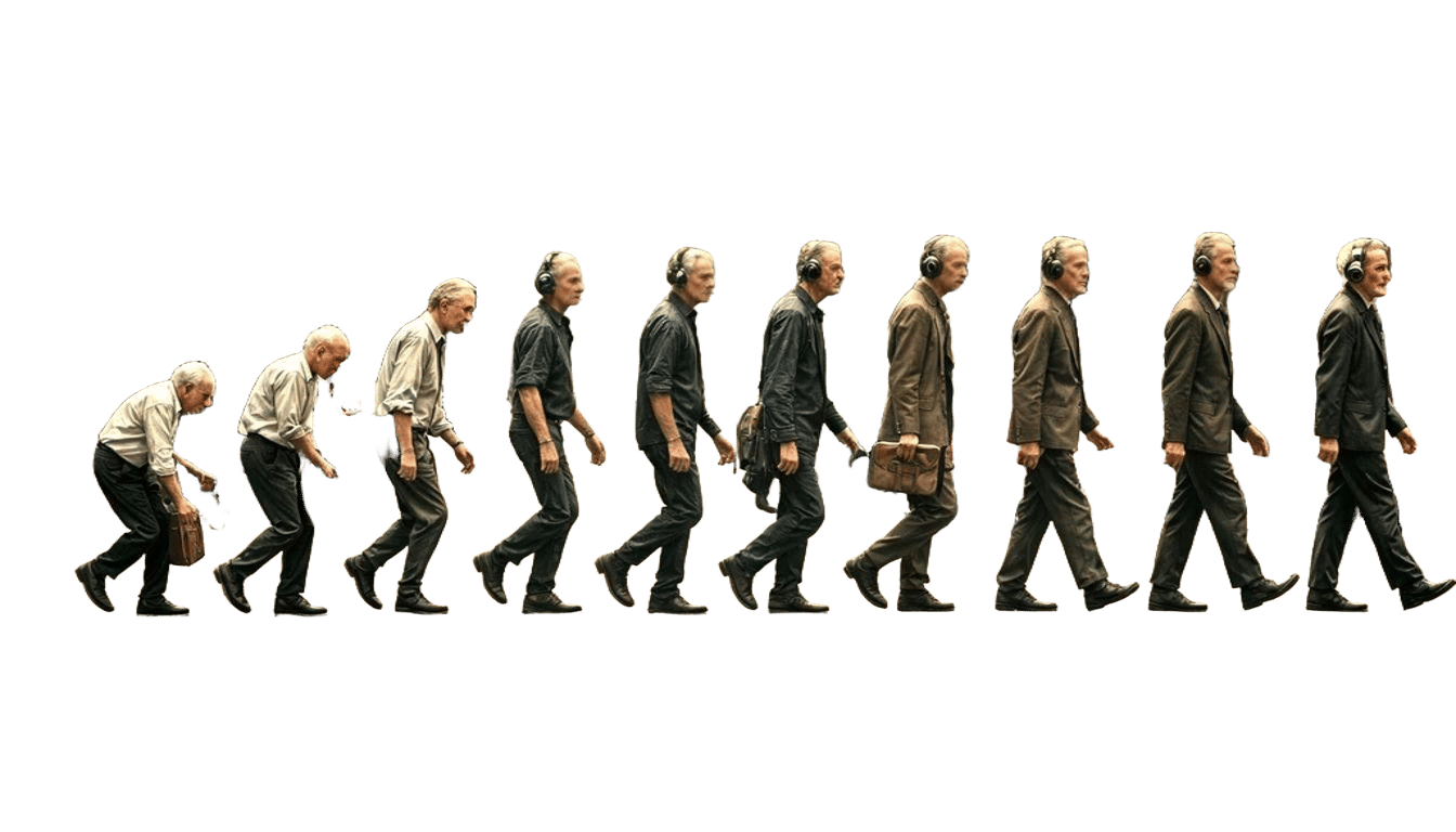 Hyperrealistic Old Men with Headphones Crossing Street