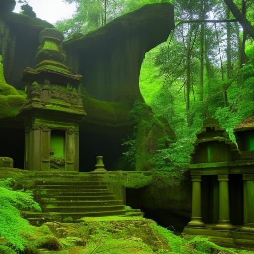 Enchanted Forest: Abandoned Temple and Waterfall