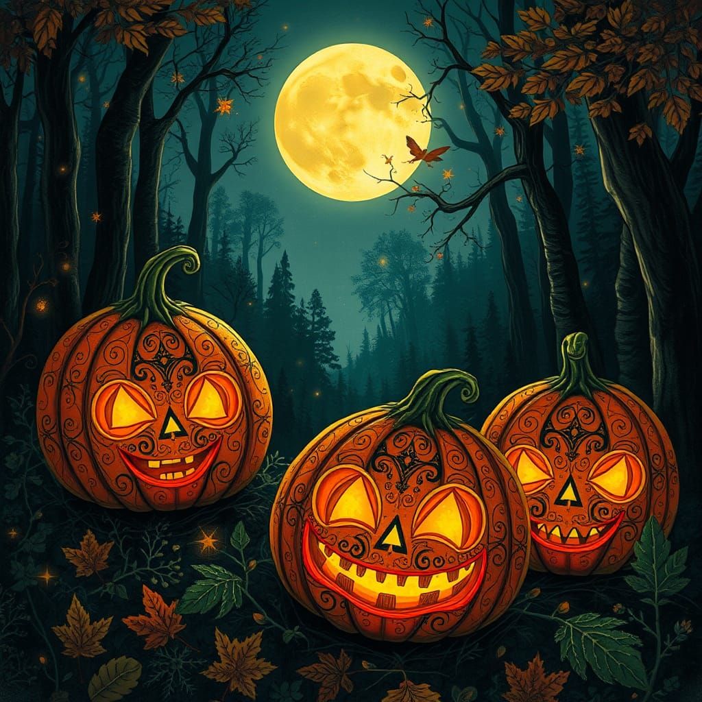 Mystical Jack-o'-Lanterns in Ethereal Forest