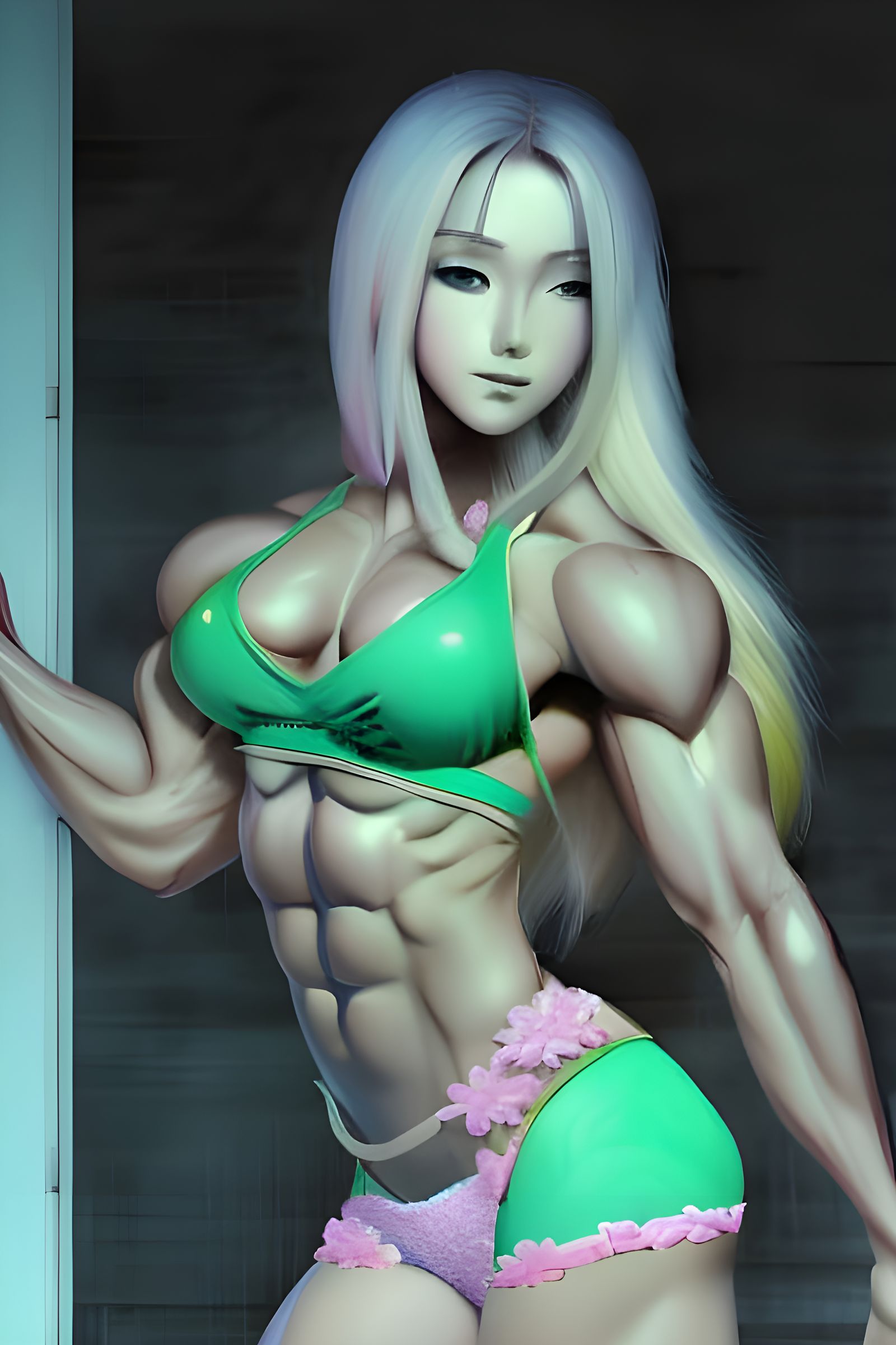 Anime Waifu Bodybuilder in Pink Bikini Portrait