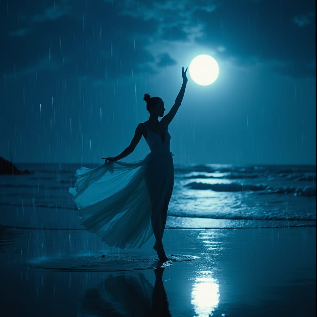 Dancer Performs Surreal Beach Ballet Under Blue Light Rain