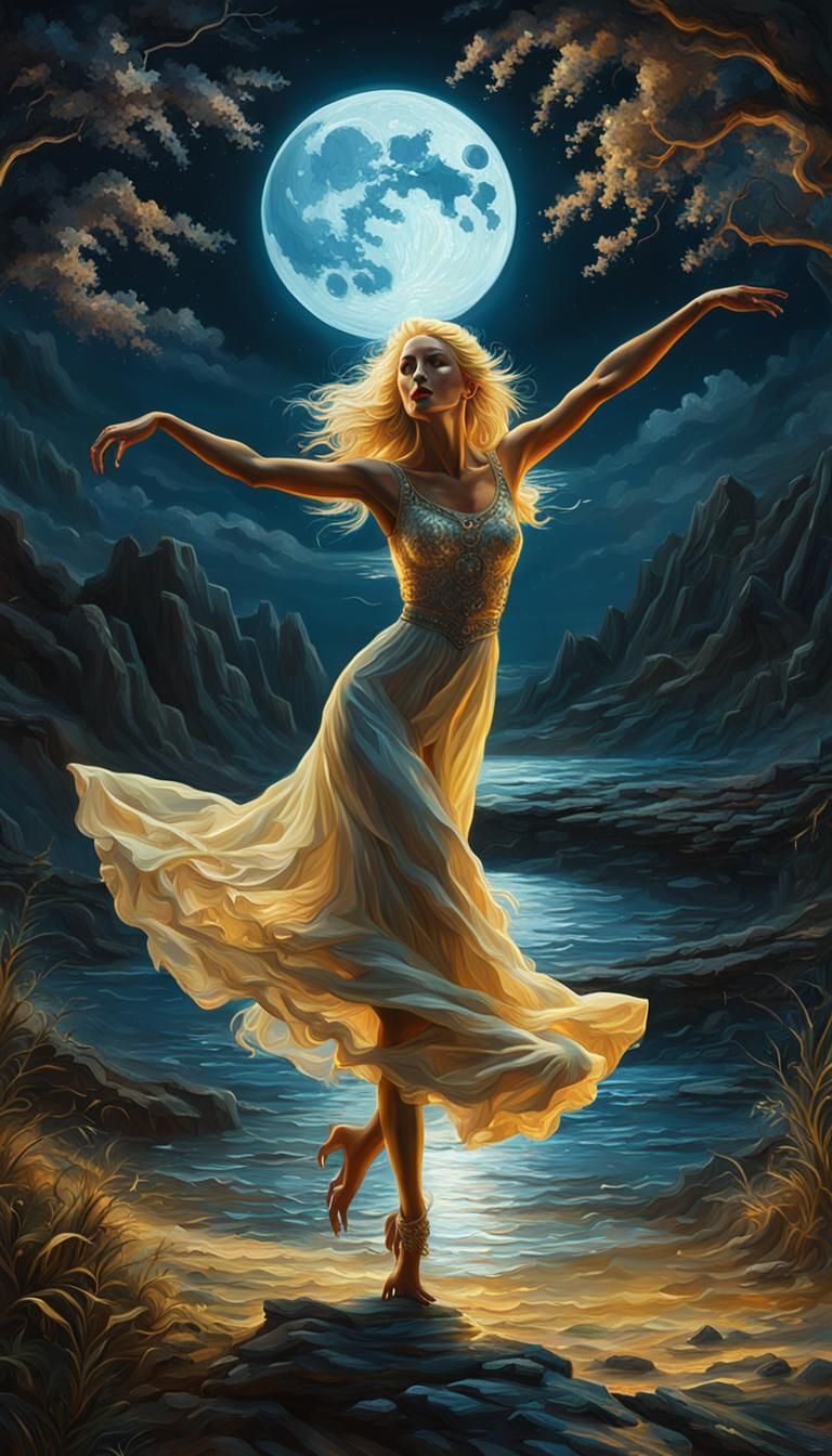 Blonde Girl Dancing in Moonlight, Oil on Canvas