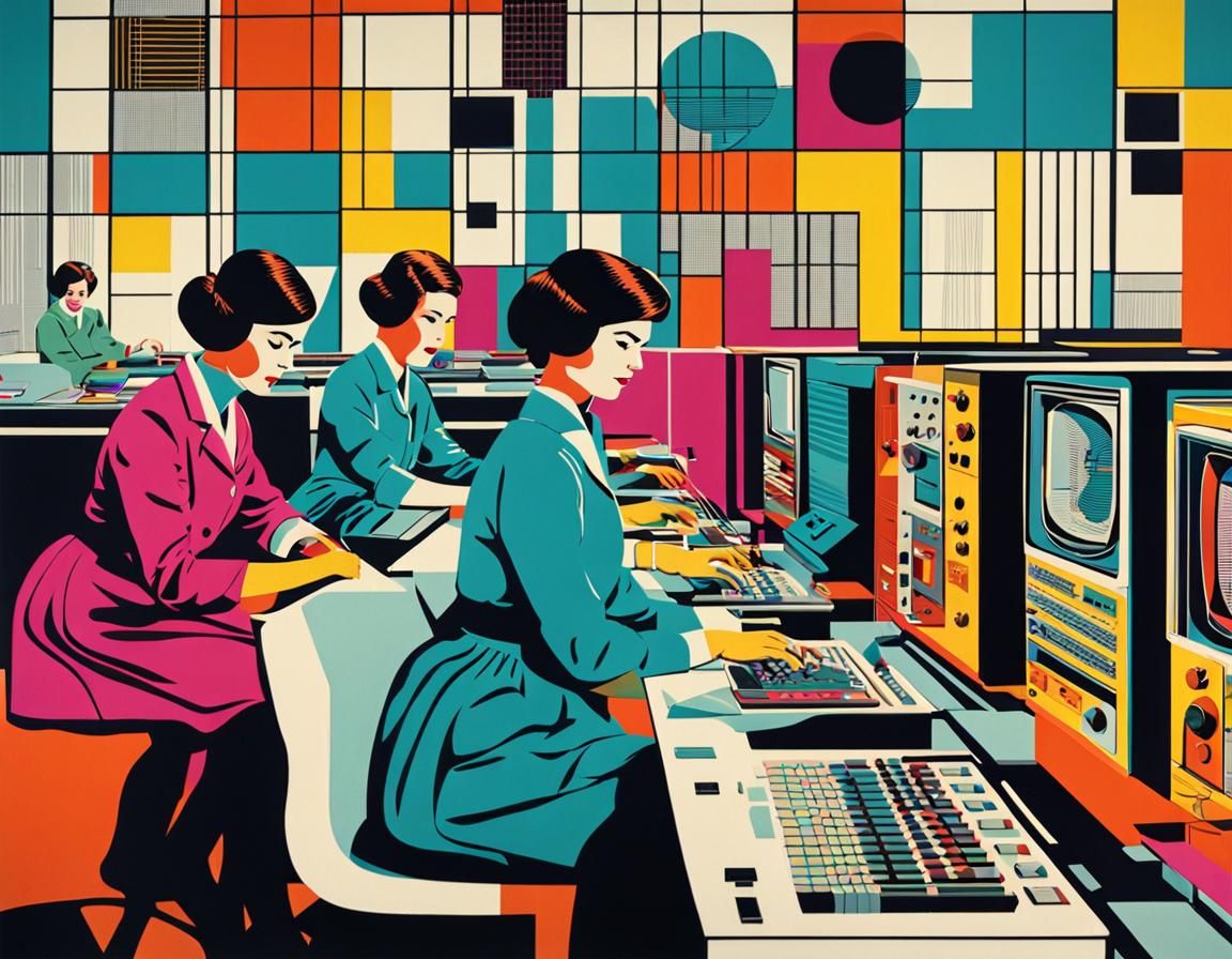 Female Scientists in 1960s Computer Room: Pop Art