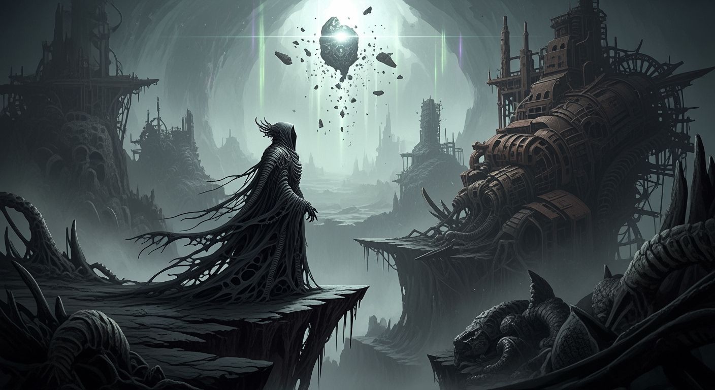 Shrouded Figure at Cliff's Edge in Biomechanical Landscape