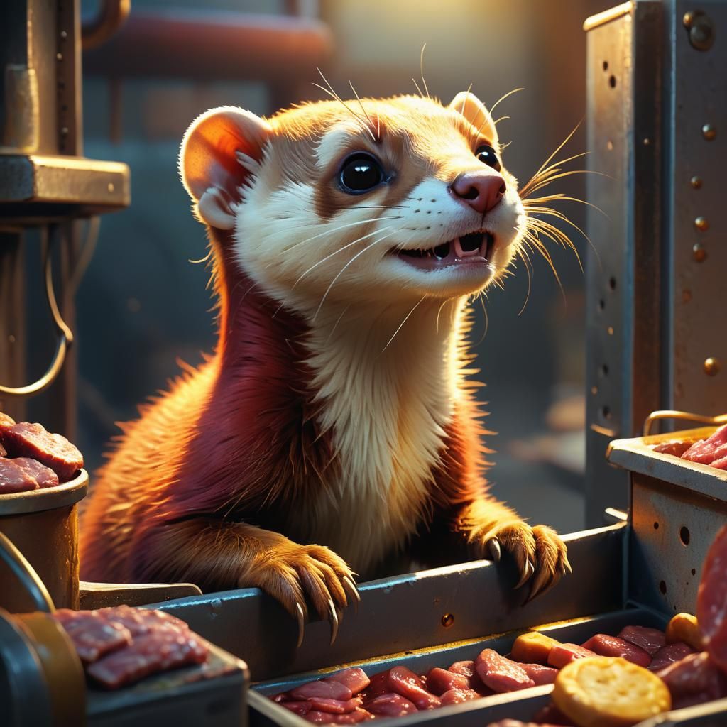 Whimsical Weasel in Meatsafe: Vibrant Digital Art