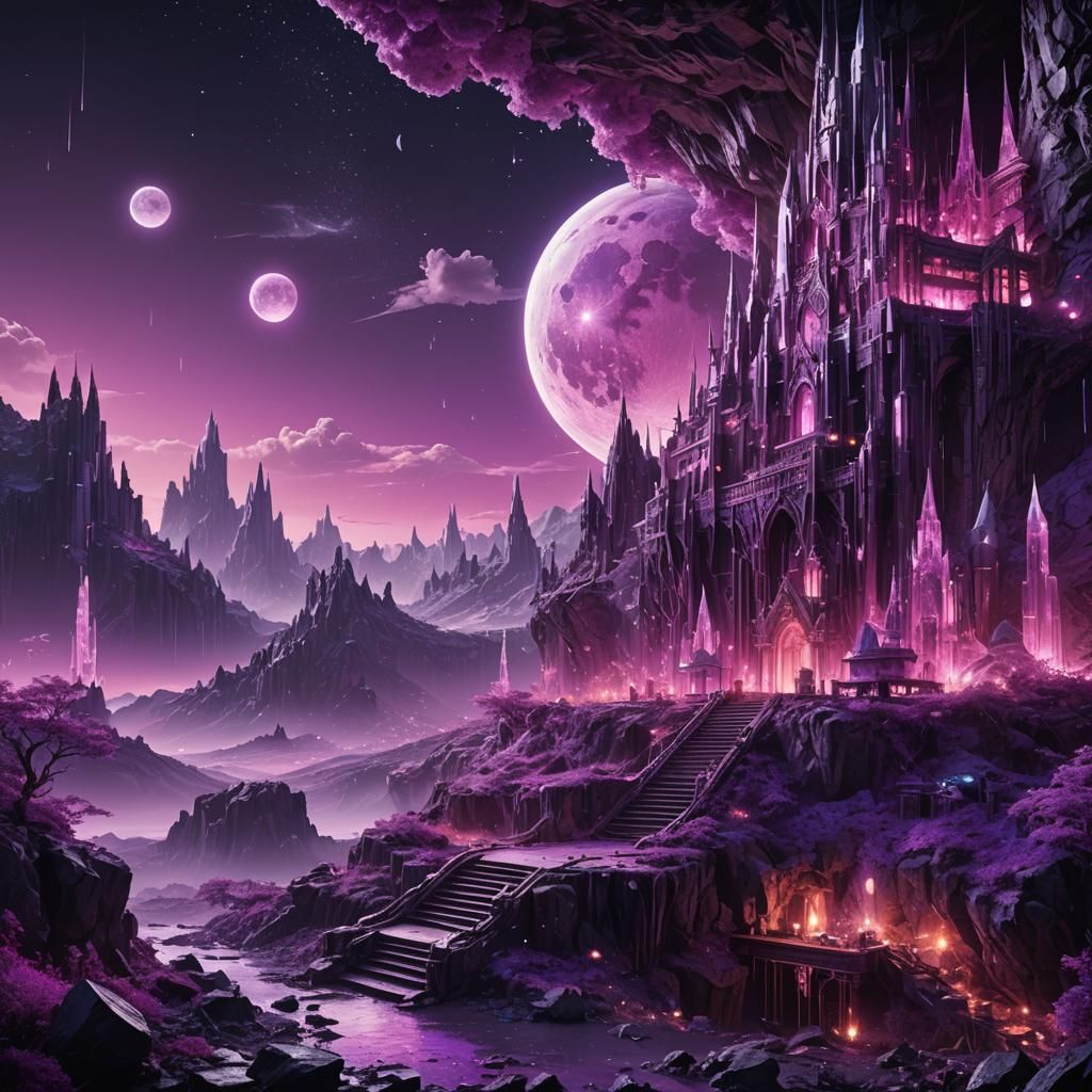 Neon Purple Crystal Moon: Digital Matte Painting