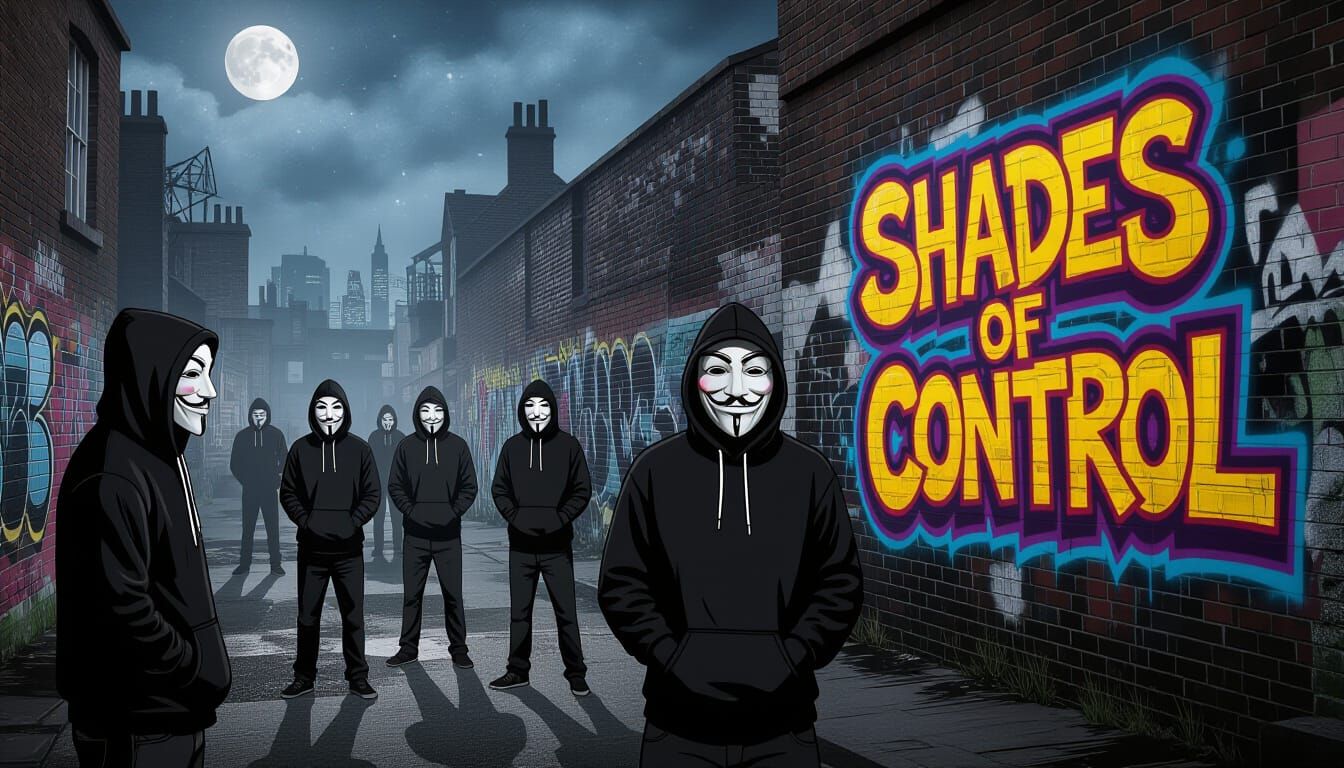 Figures in Masks on a Misty London Street