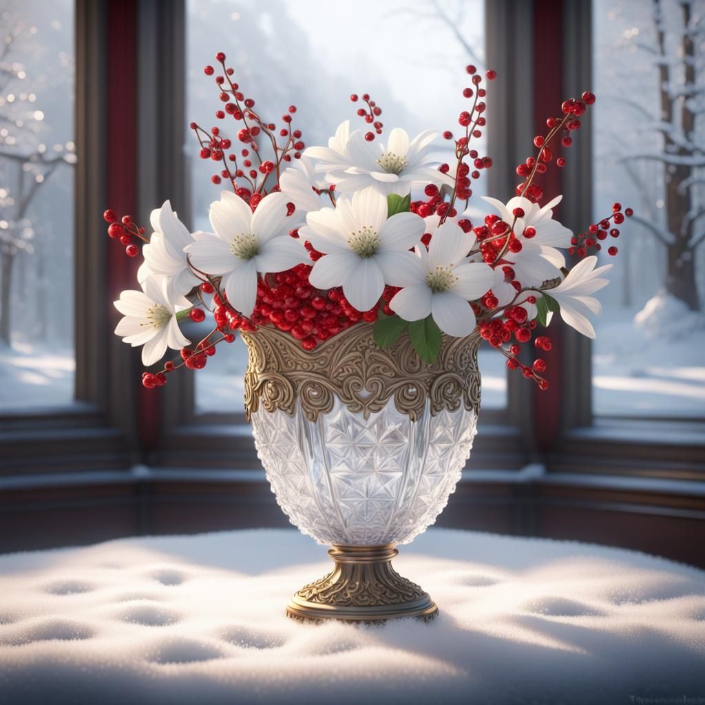 White Flowers in Crystal Vase with Red Berries