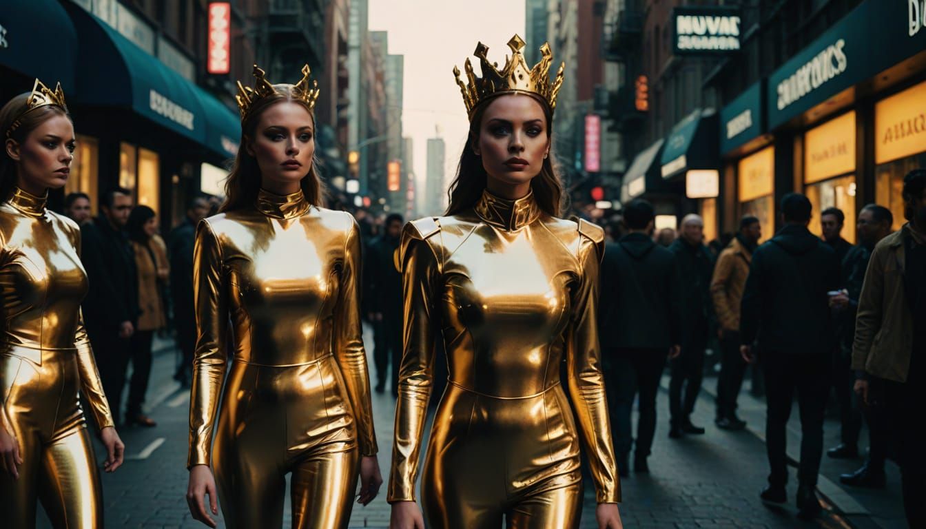 Confident Models Reign in Shimmering Gold Latex on a Bustlin...