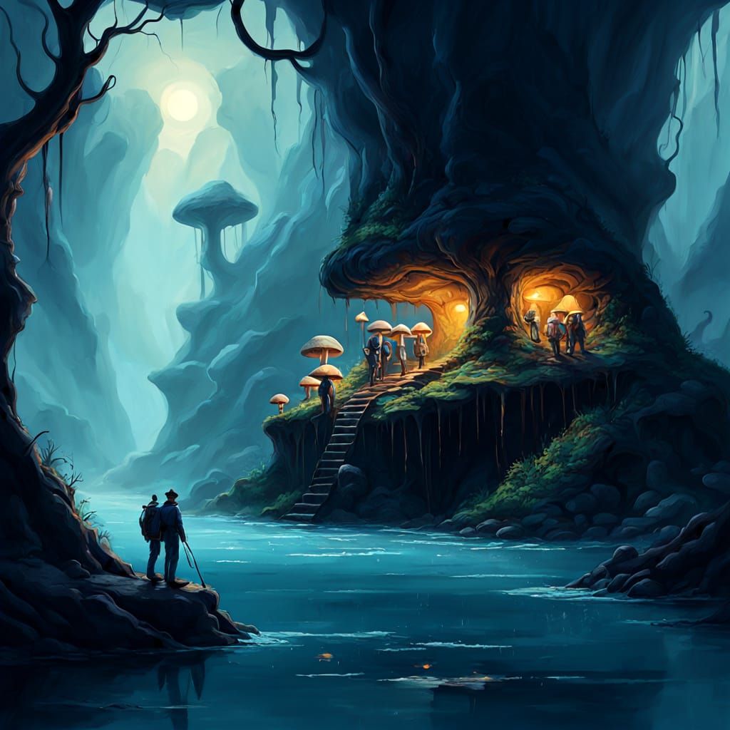 Sailors Explore Mysterious Island Cave: Surreal Oil Painting