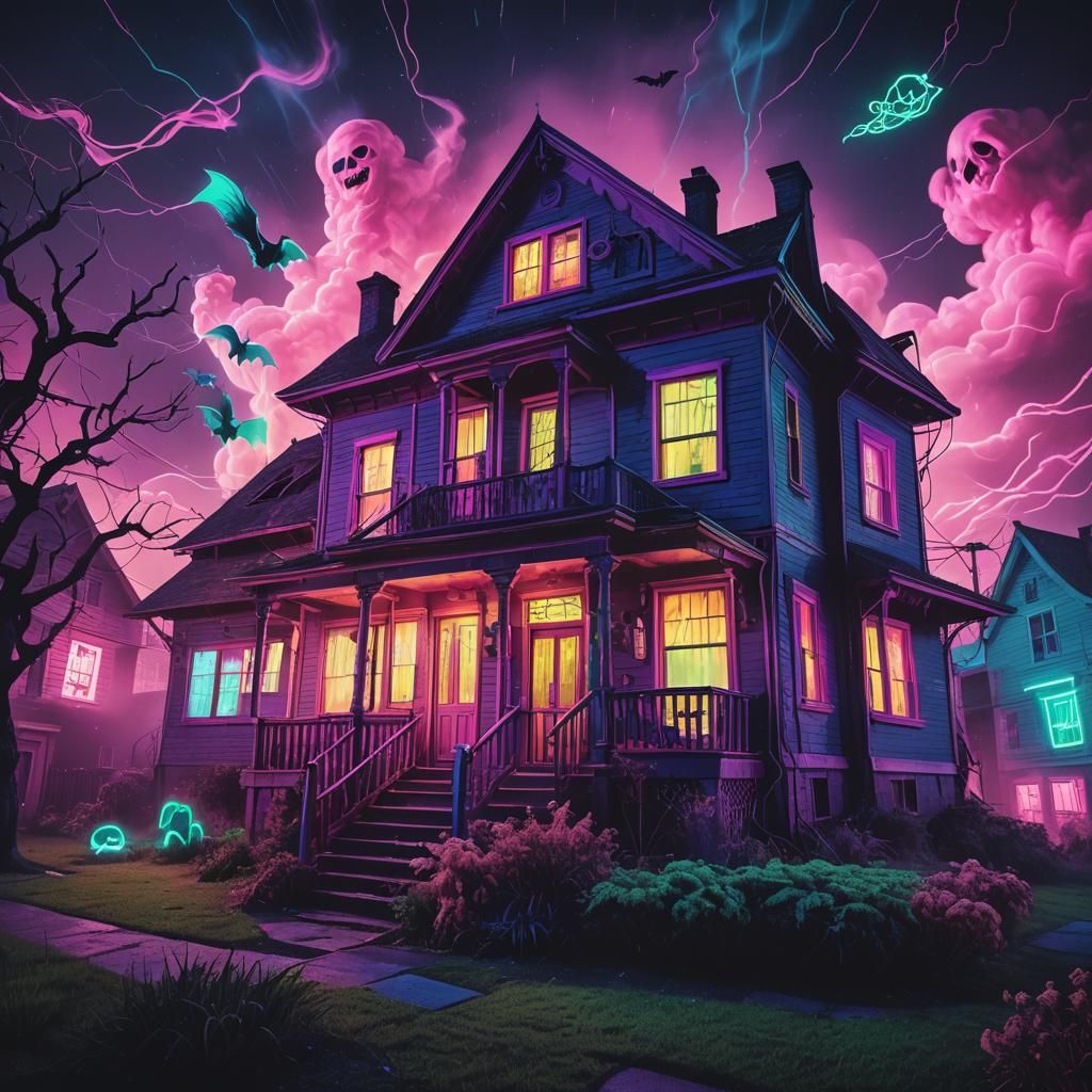 Synthwave Haunted House with Witch and Ghosts