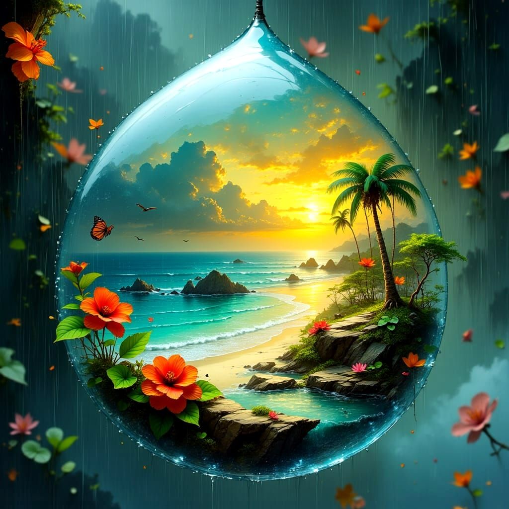 Surreal Tropical Oasis Inside a Radiant Raindrop