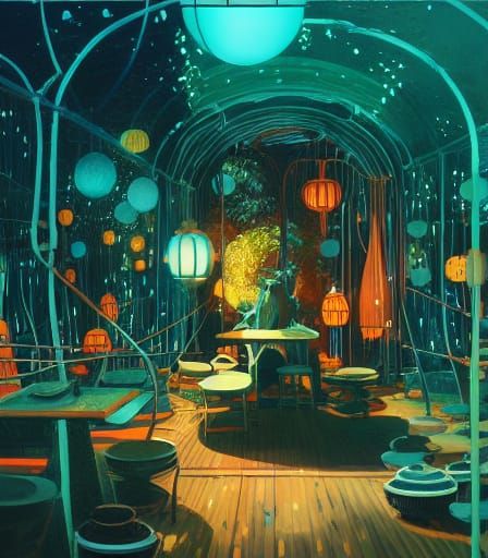 Neon Lit Underwater Cafe, Surreal Digital Illustration