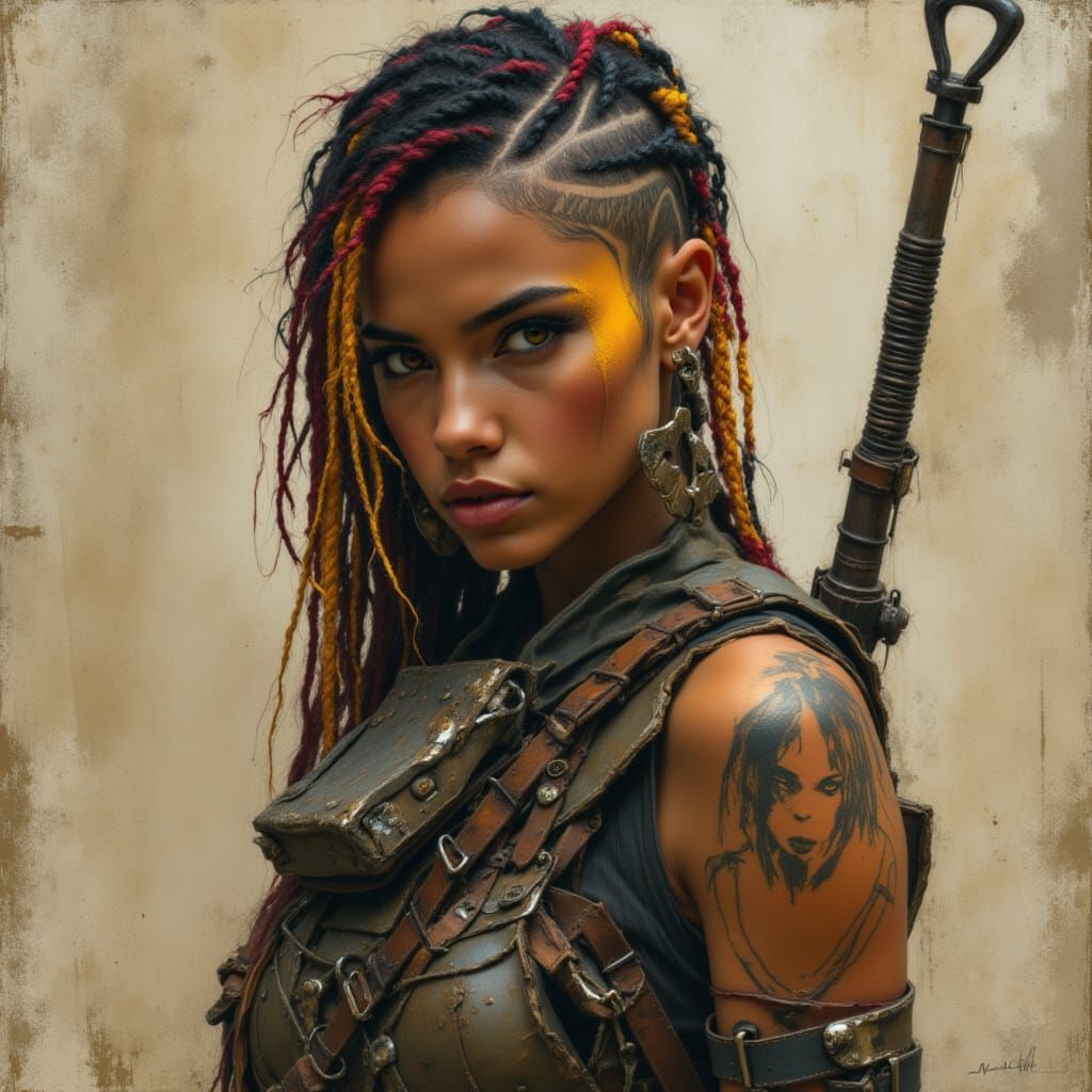 Post-Apocalyptic Warrior Woman with Dreads and Tattoos