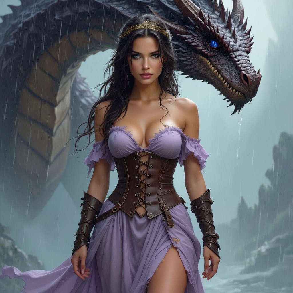 Woman with Dragon in Heavy Rain