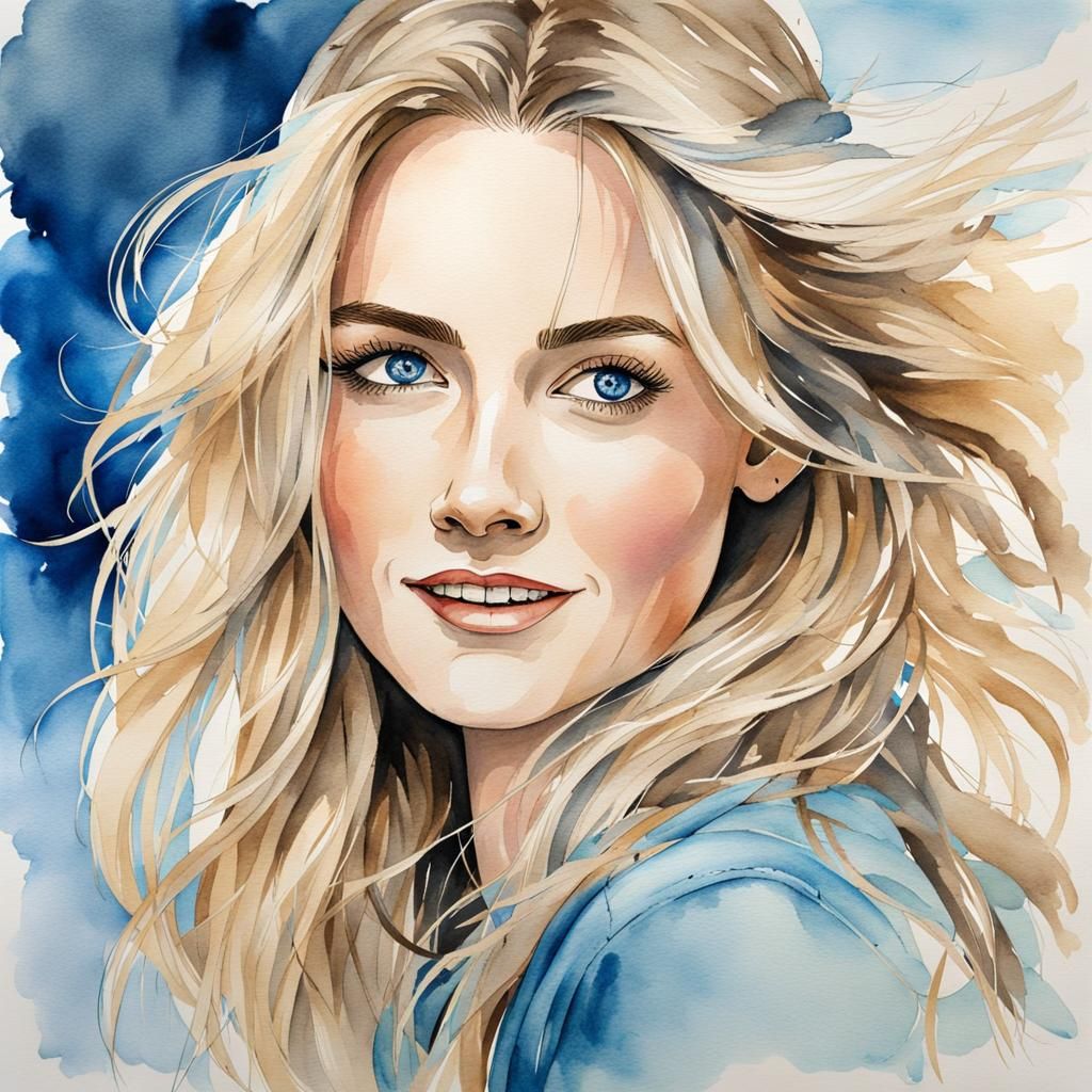 Watercolor Portrait of a Smiling German Woman