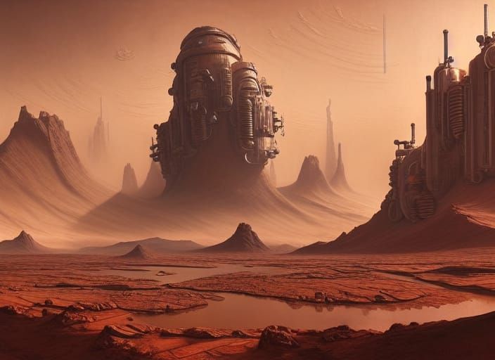 Retrofuturistic Martian Cityscape in Matte Painting Style