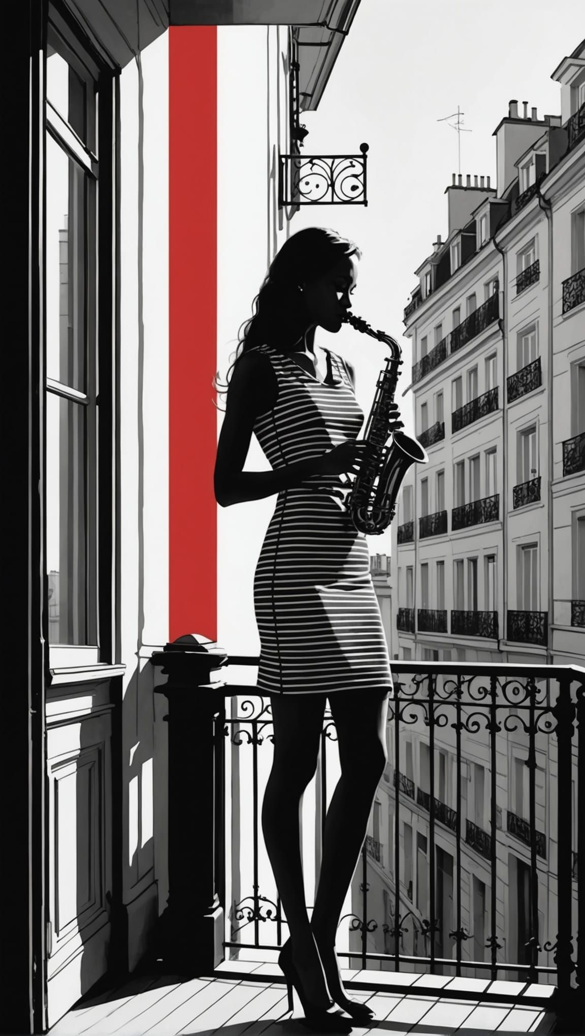 Girl Plays Saxophone in Paris, Minimalist Silhouette