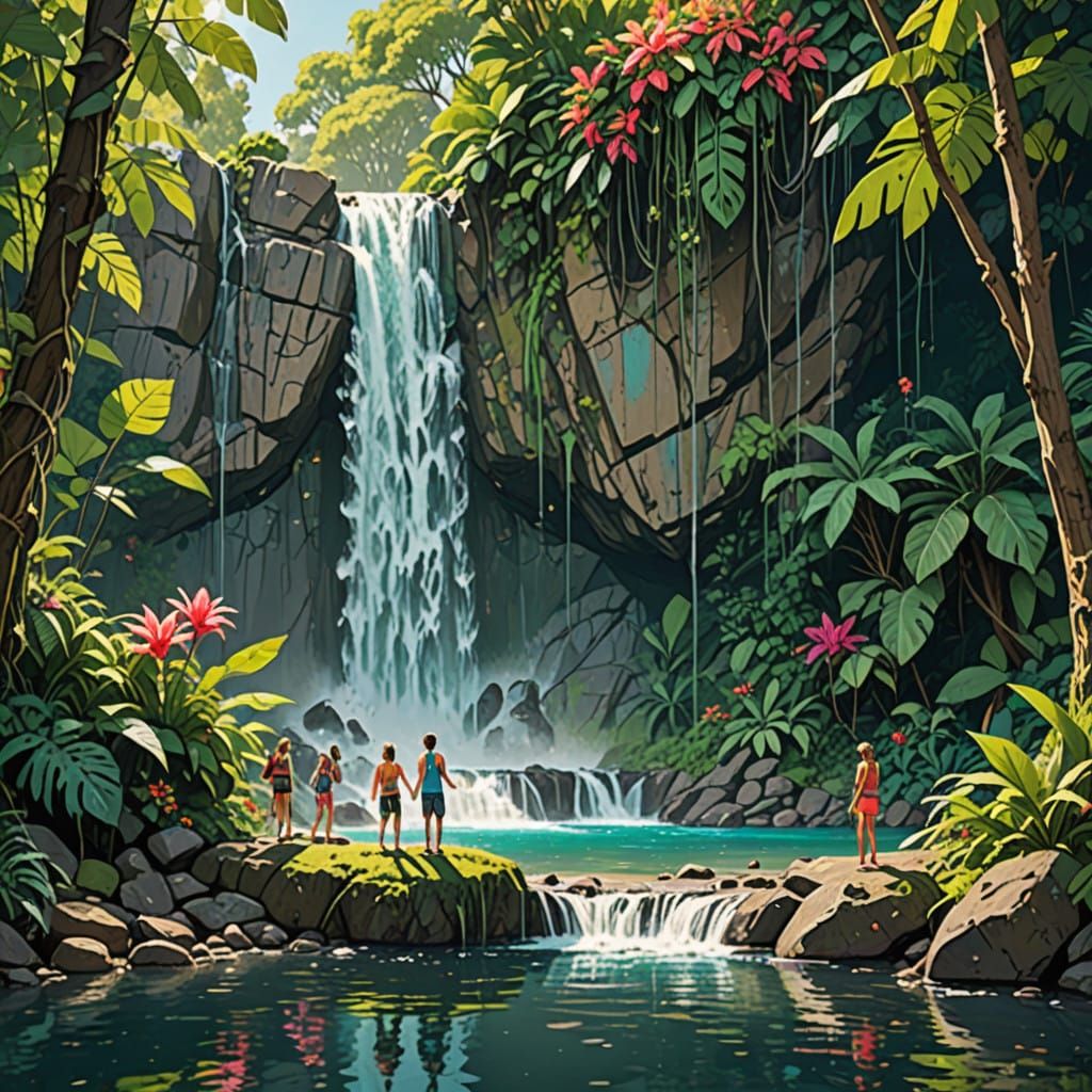 Friends Gather at a Majestic Waterfall Oasis