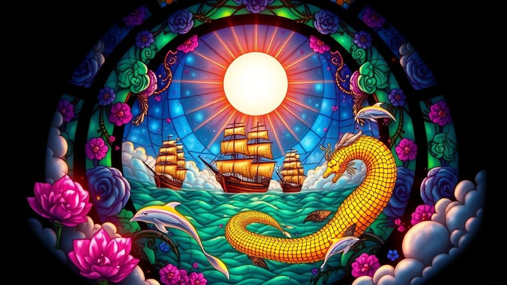 Neon Flowers and Sailing Ships in Stained Glass