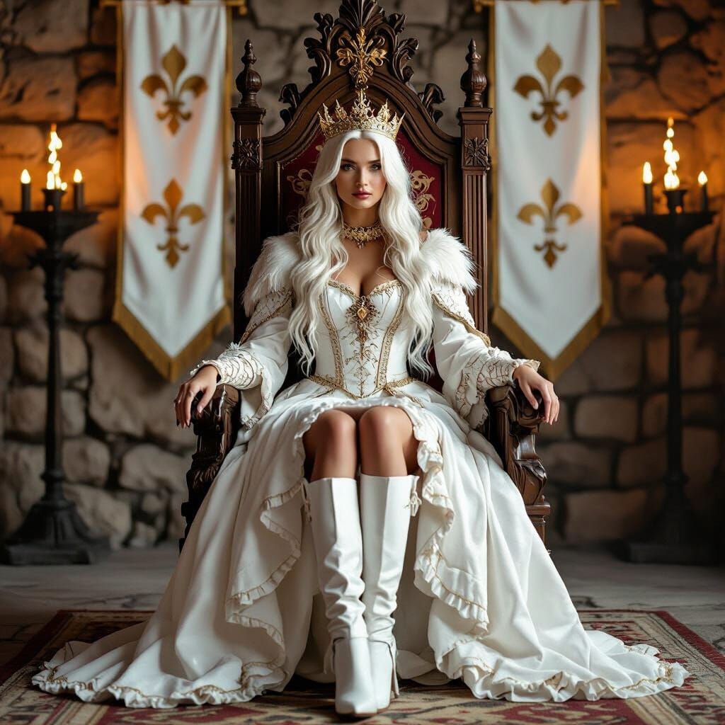 Medieval Queen on Throne in White and Gold Tapestry Style