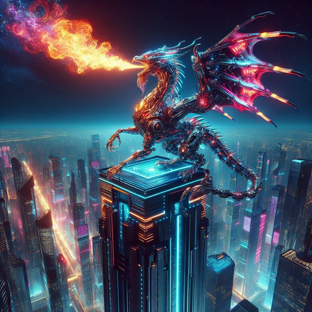 Cyborg Dragon Unleashes Neon Flames in Cyberpunk City