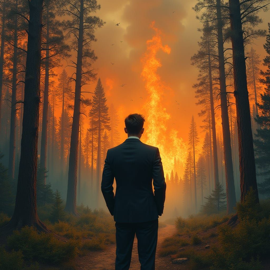 A Man in Denial Stares at a Thriving Forest Amidst a Burning...