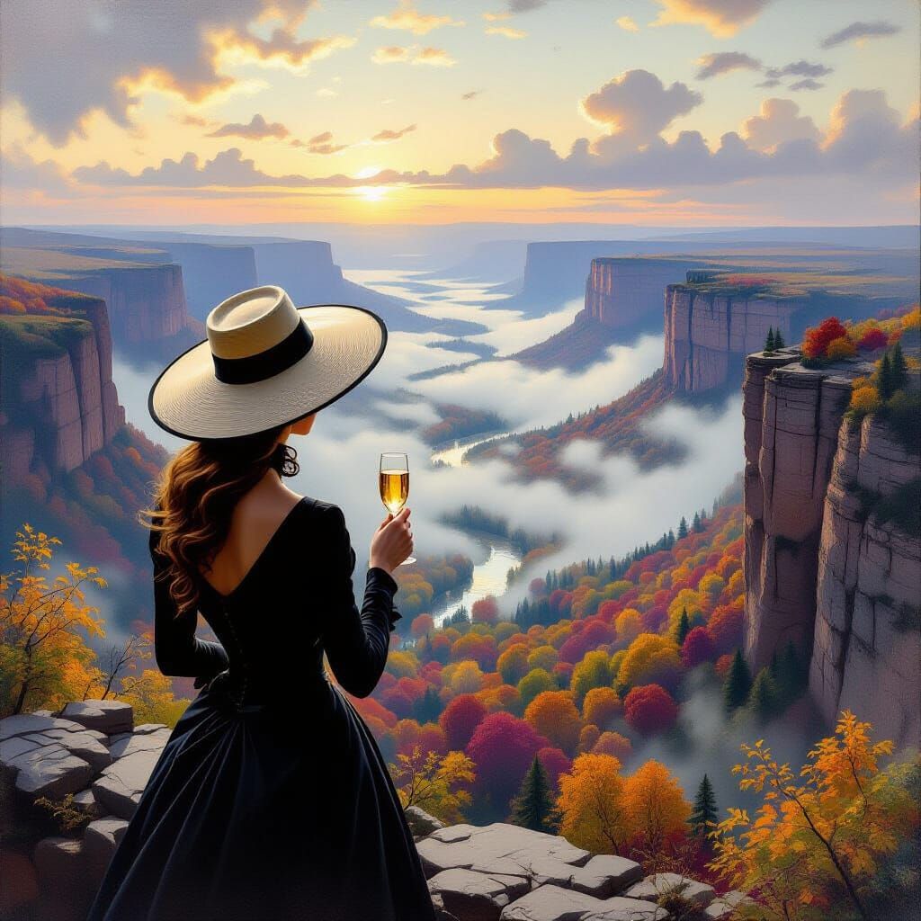 Woman on Cliff Overlooking Misty Autumn Valley
