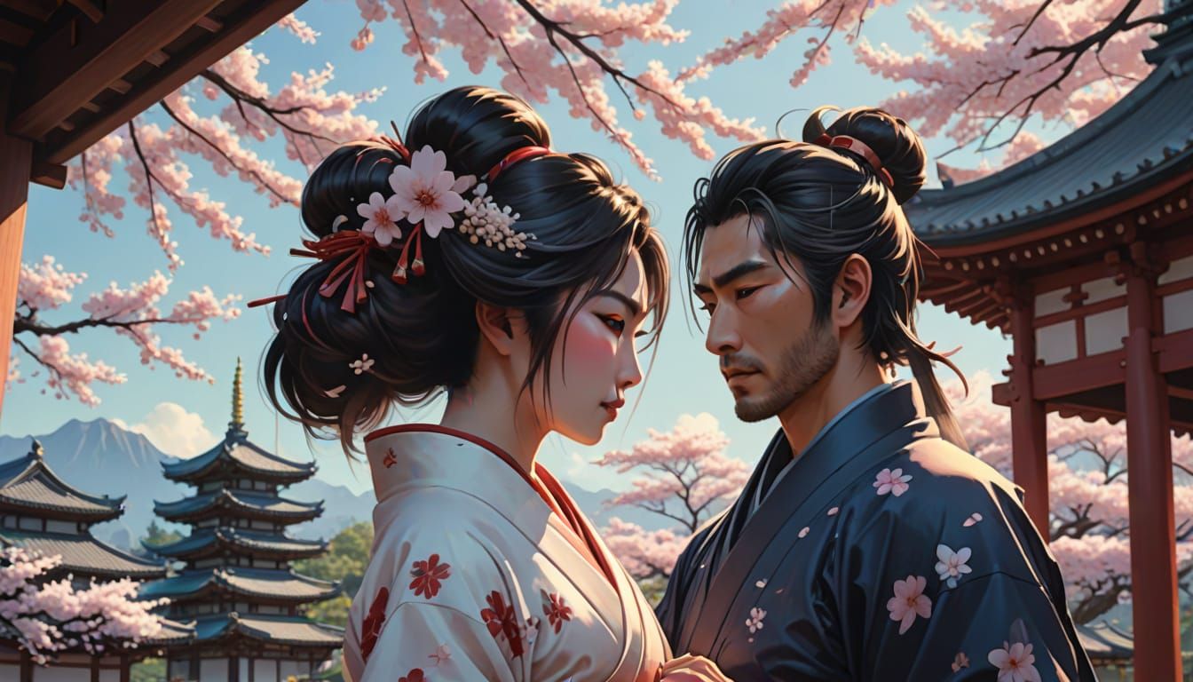 Geisha and Samurai Kiss in Shinkai Style