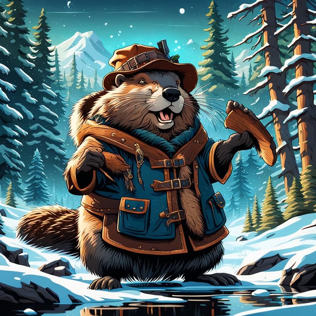 Animated Beaver Slapping Tail in a Fantastical Landscape