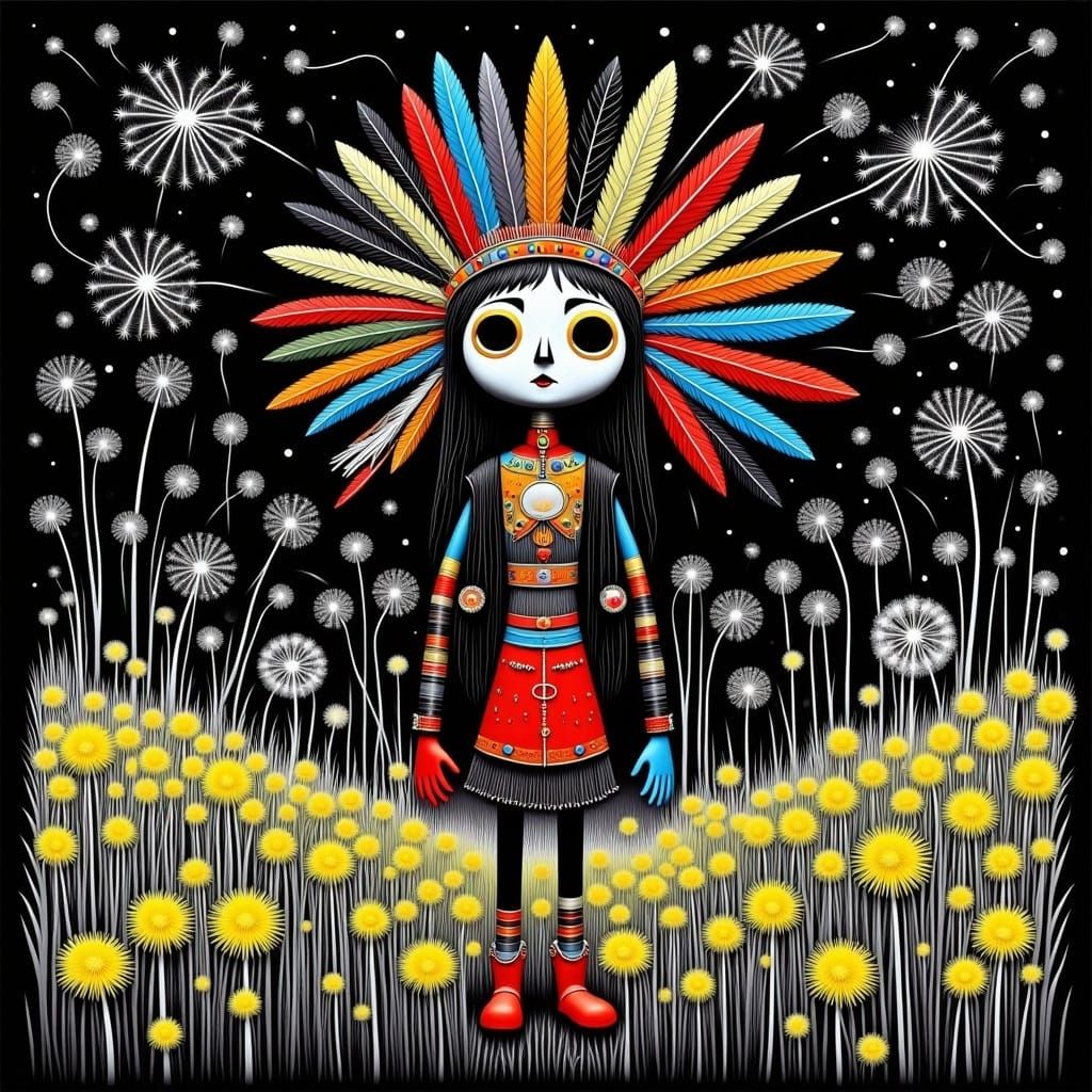 Native American Kachina in Surreal Dandelion Dreamscape
