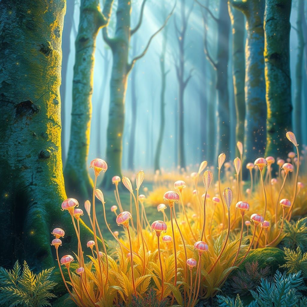 Ethereal Forestscape in Vibrant, Iridescent Abstraction
