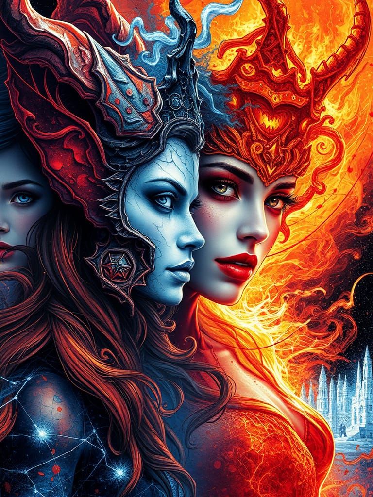 ice and fire elemental demon Queens, prety face, slim body, organic tracery : by Android jones : Russ mills : Januz Mira...