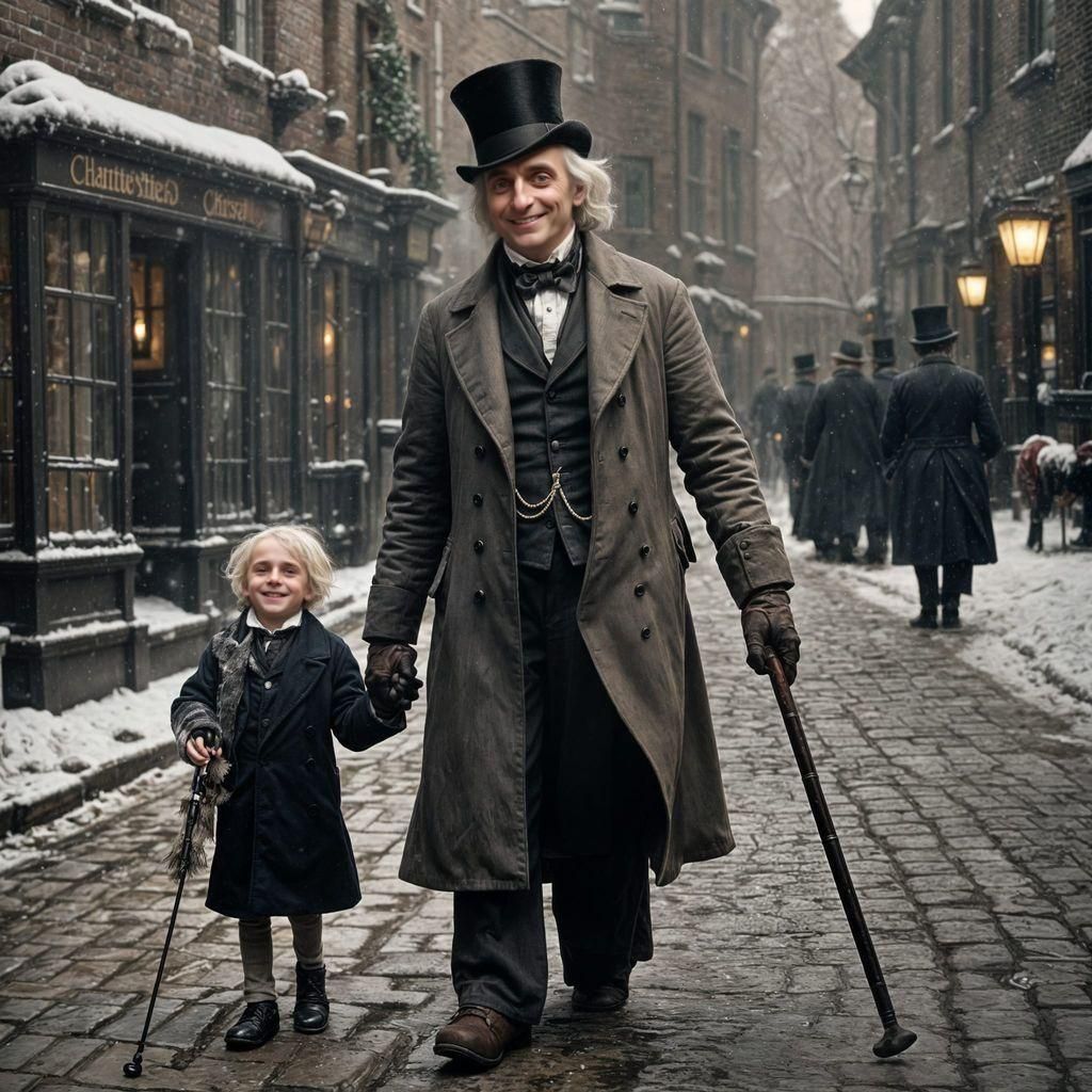 Ebenezer Scrooge and Tiny Tim take a stroll through the stre...