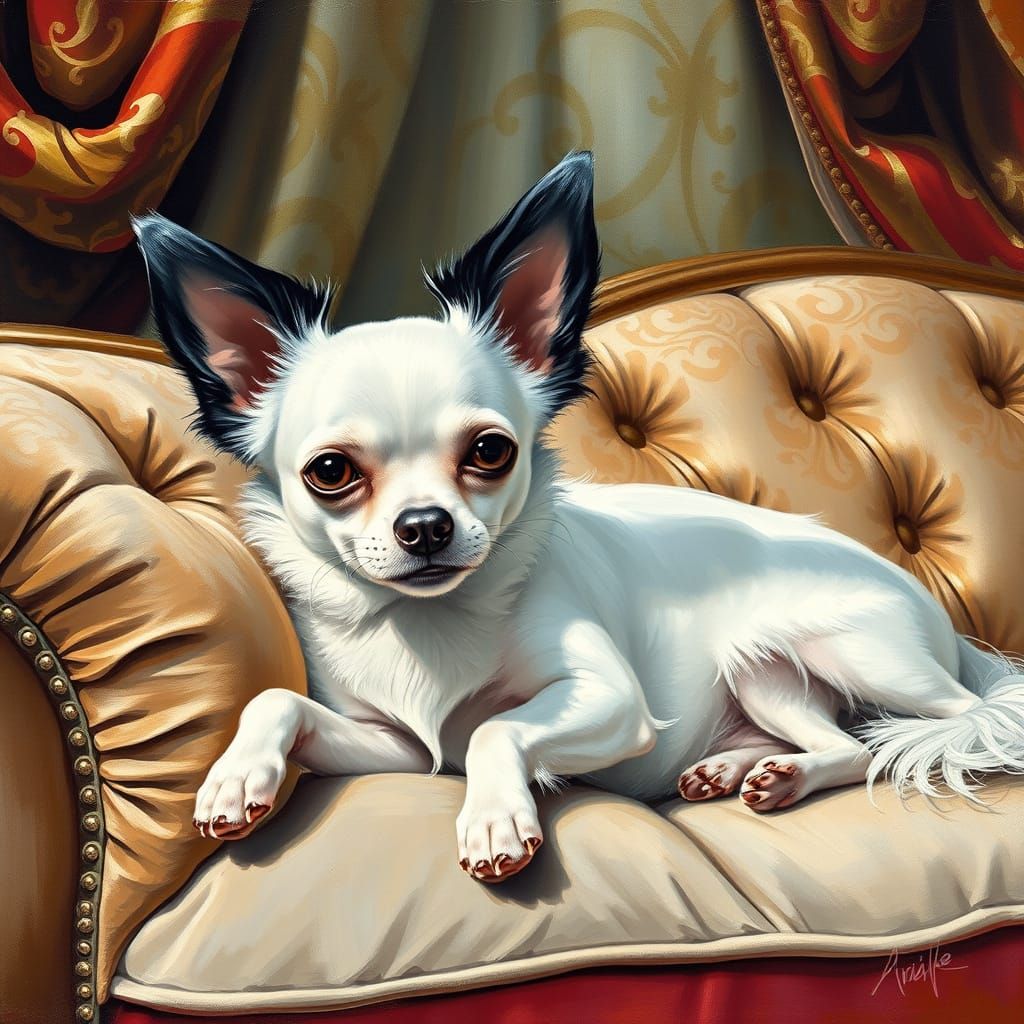 Regal White Chihuahua in Luxurious Velvet Surroundings, Goua...