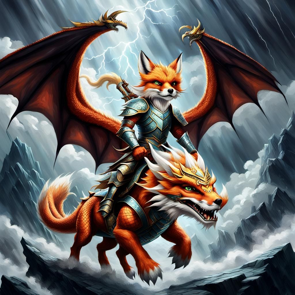Fox Rider on Feathered Dragon Amidst Storm