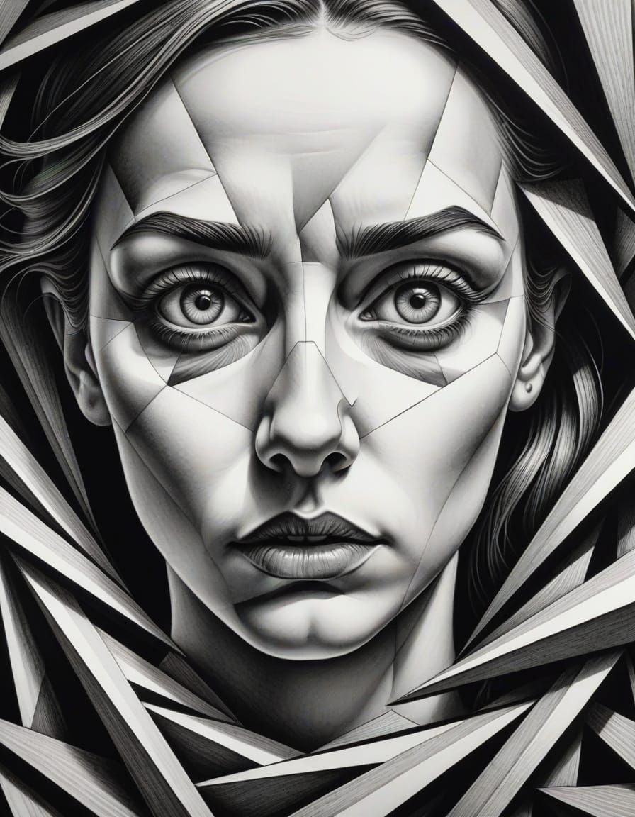 Surreal Woman with Secrets, Escher-Inspired Pencil Sketch