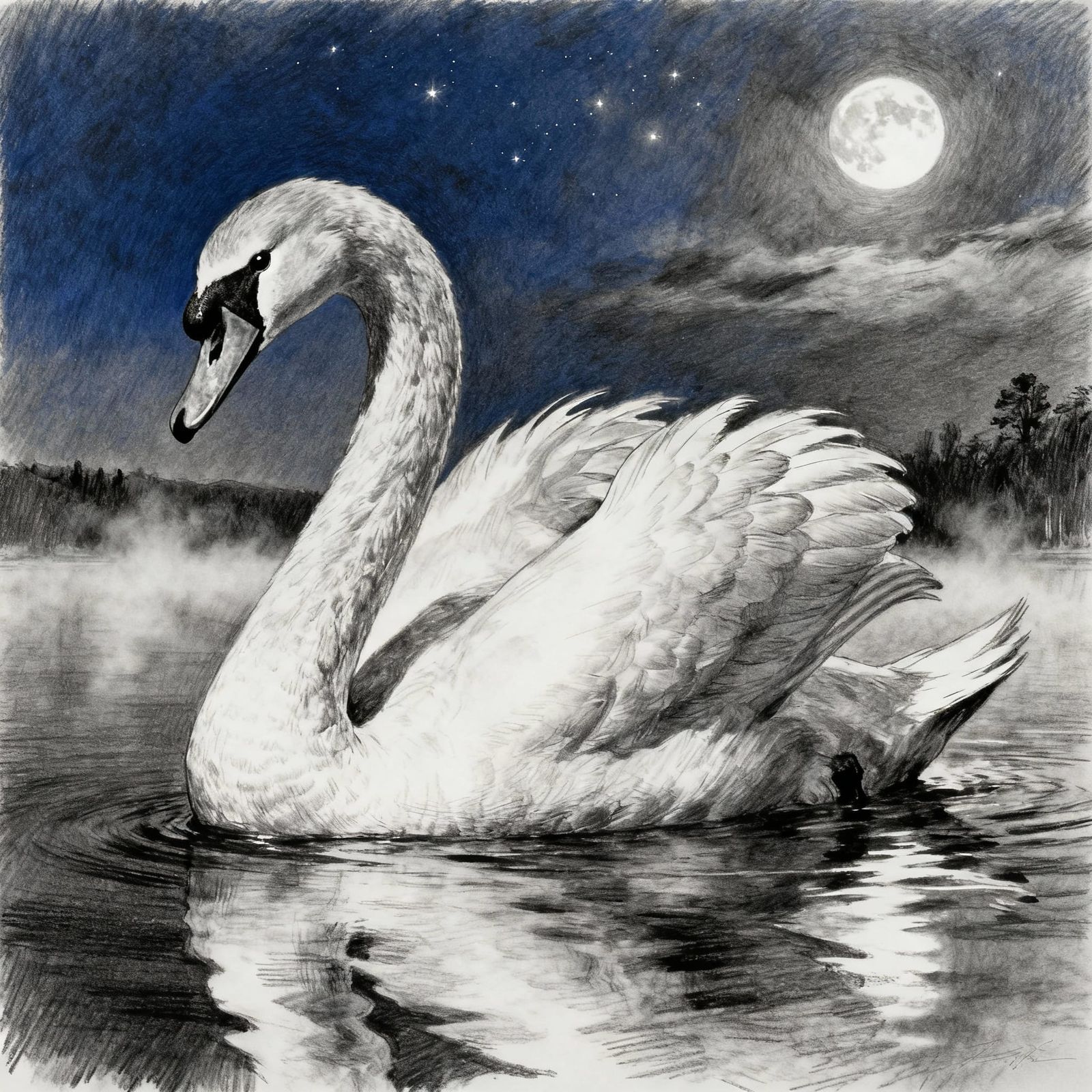 Hyperrealistic Charcoal Swan Portrait on Moonlit Lake