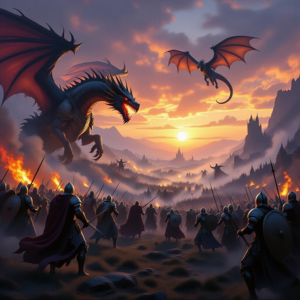 Epic Fantasy Battlefield at Dawn with Dragons